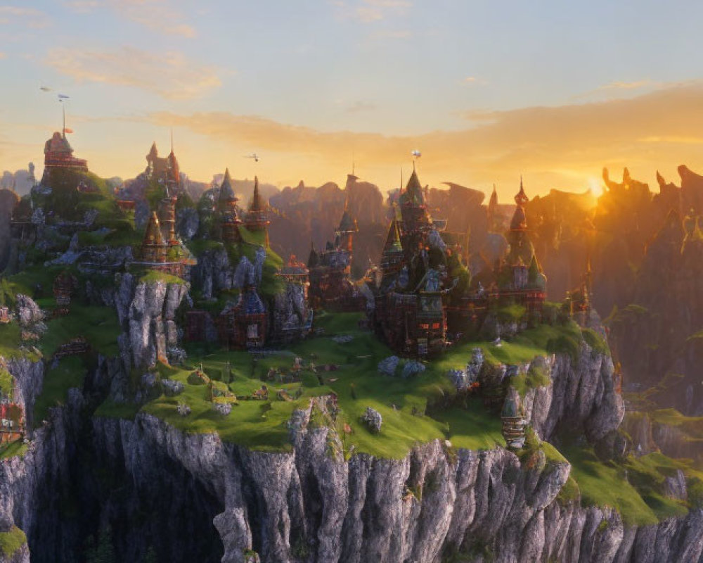 Magical sunset fantasy landscape with towering castles and lush greenery