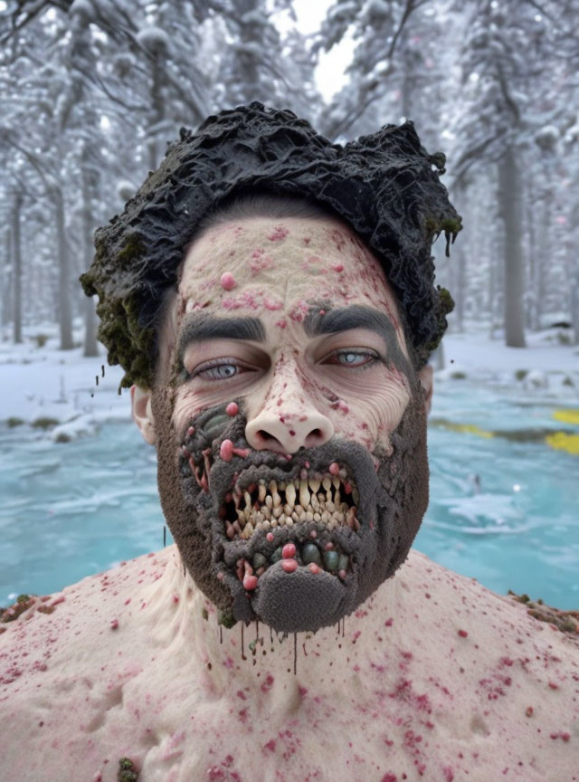 Grotesque zombie makeup in snowy forest portrait