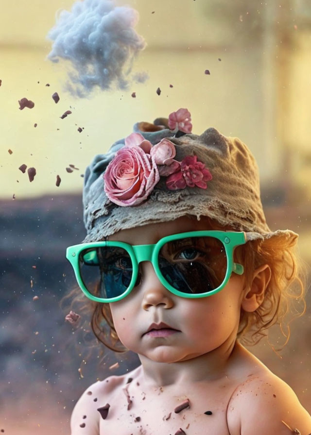 Curly-Haired Toddler in Green Sunglasses with Flower Hat and Smoke Cloud