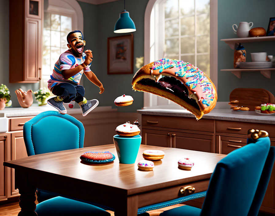 Man Jumping with Big Smile in Cozy Kitchen with Flying Donut