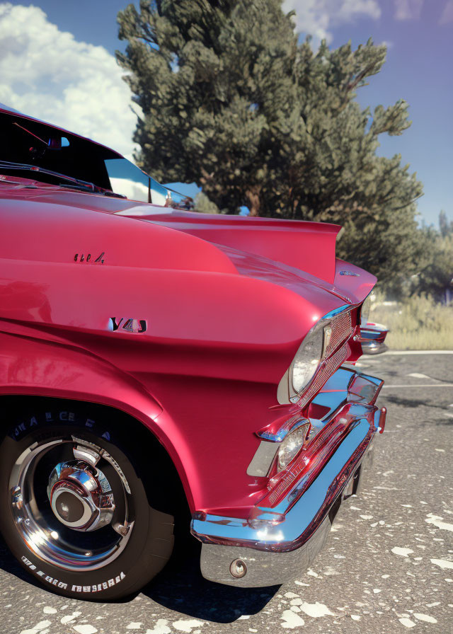 Vintage Pink Cadillac with Tail Fins and White-Wall Tires on Asphalt Road