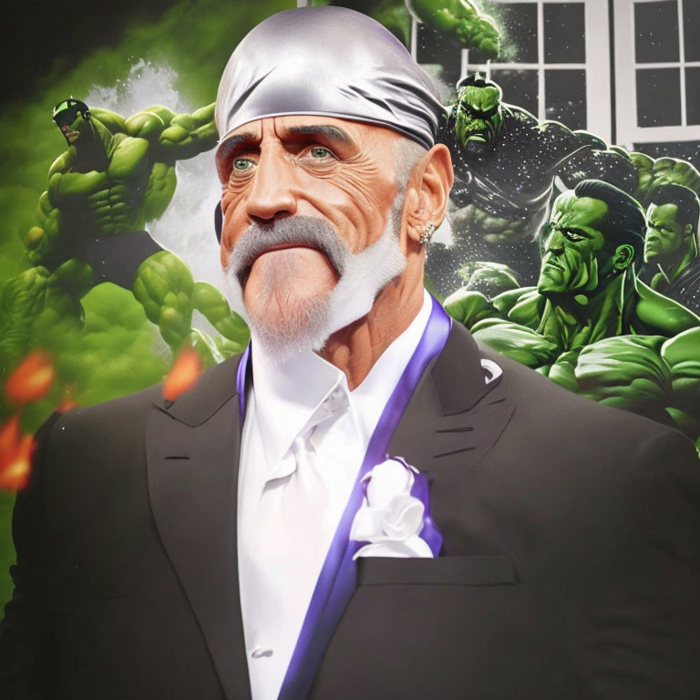 Elderly man with mustache and goatee in suit superimposed on Hulk images