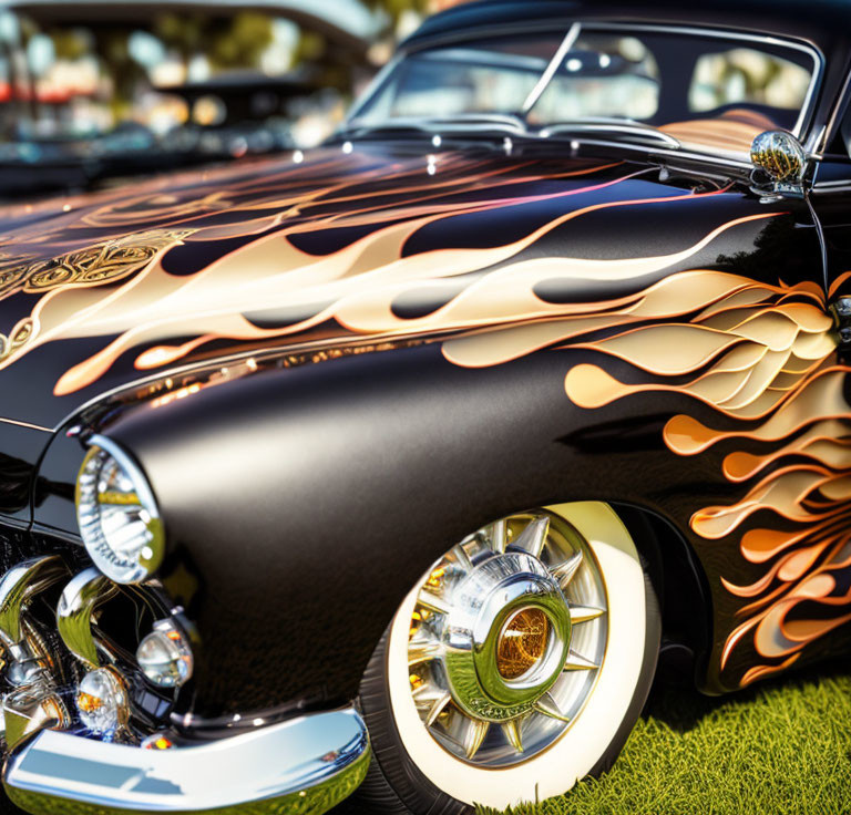 Vintage Car with Glossy Black Finish & Orange Flame Detailing