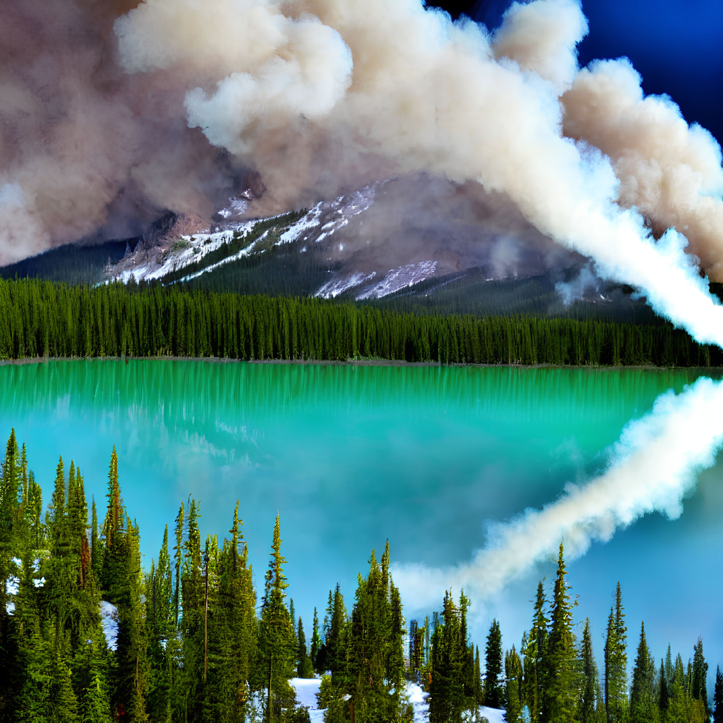 Scenic landscape with turquoise lake, pine trees, snow-capped mountains, and dramatic sky