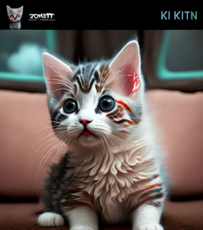 Adorable kitten with unique fur patterns on a couch.