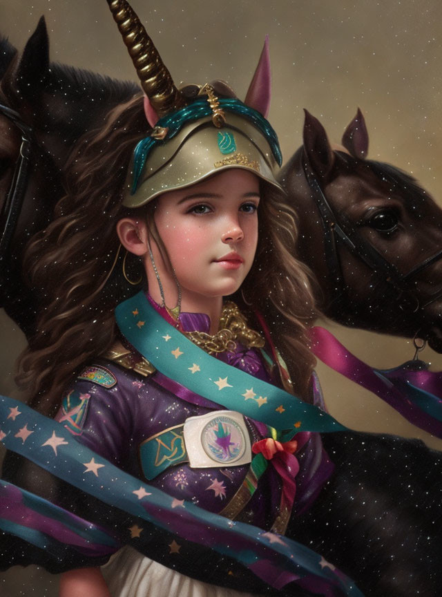 Young girl in unicorn helmet rides dark horse in cosmic armor amid colorful ribbons on starry background