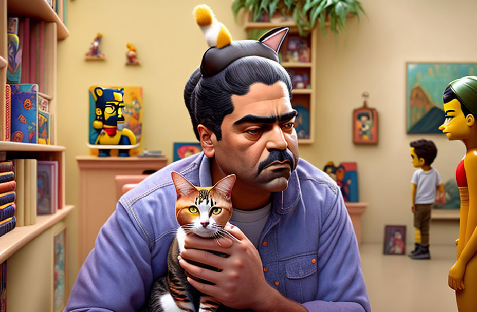 Man with Mustache Holding Cat in Room with Children and Bookshelves