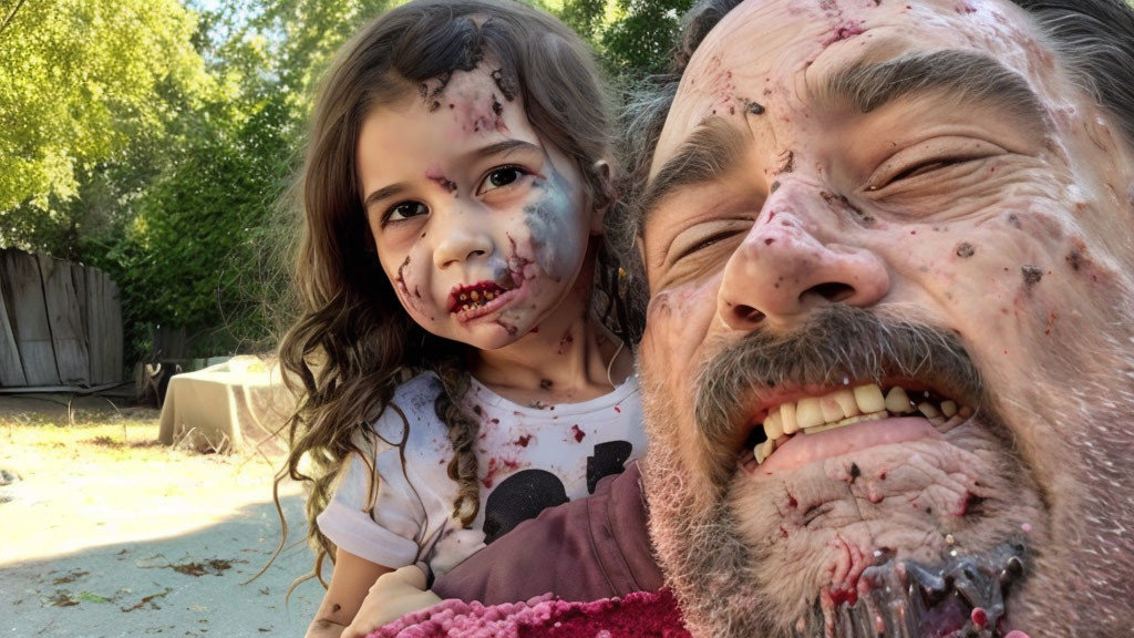 Man and young girl as zombies with fake blood, smiling outdoors