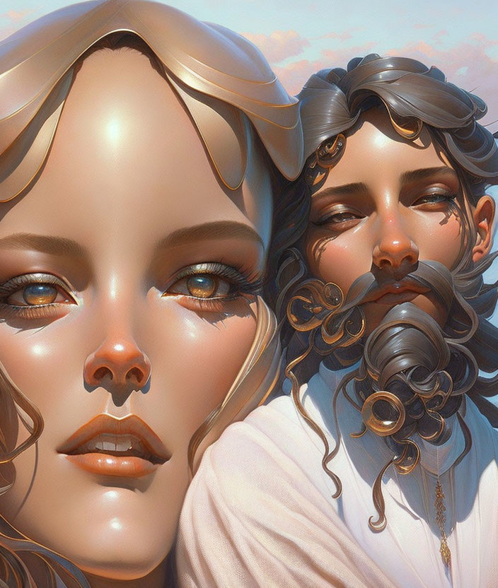 Detailed Stylized Portraits of Woman and Man with Ornate Hair