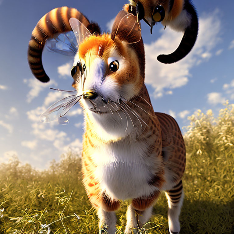 Hybrid Cat-Bee Creature in Sunny Meadow Scene