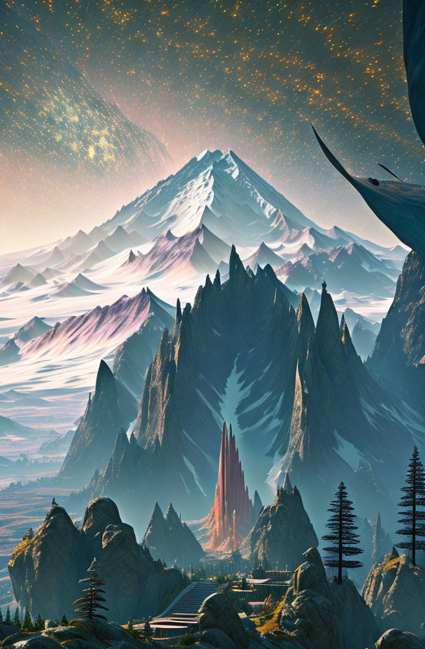 Fantastical landscape with towering mountains and otherworldly structure