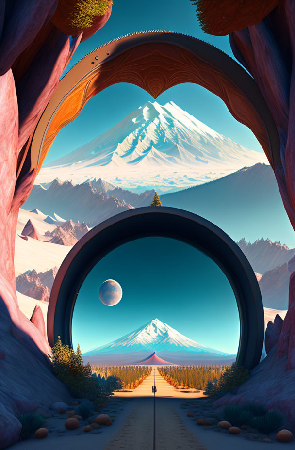 Circular gate frames snowy mountain and moon in surreal landscape with rocky arches and figure.