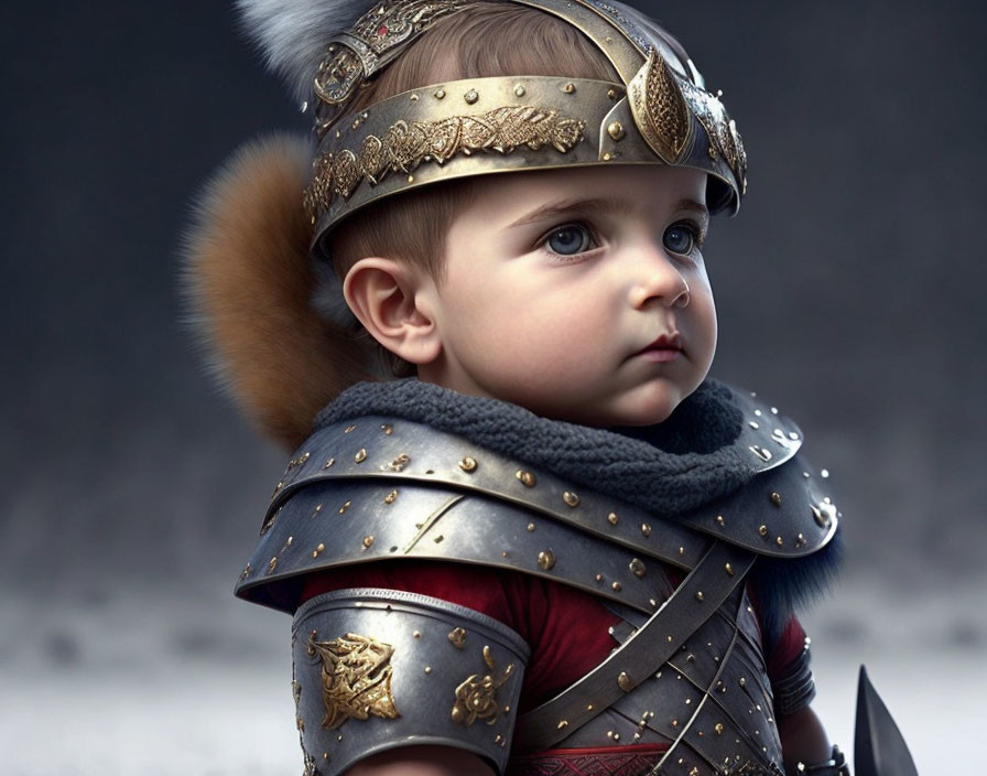 Baby in detailed medieval armor with fur-trimmed helmet gazes sideways