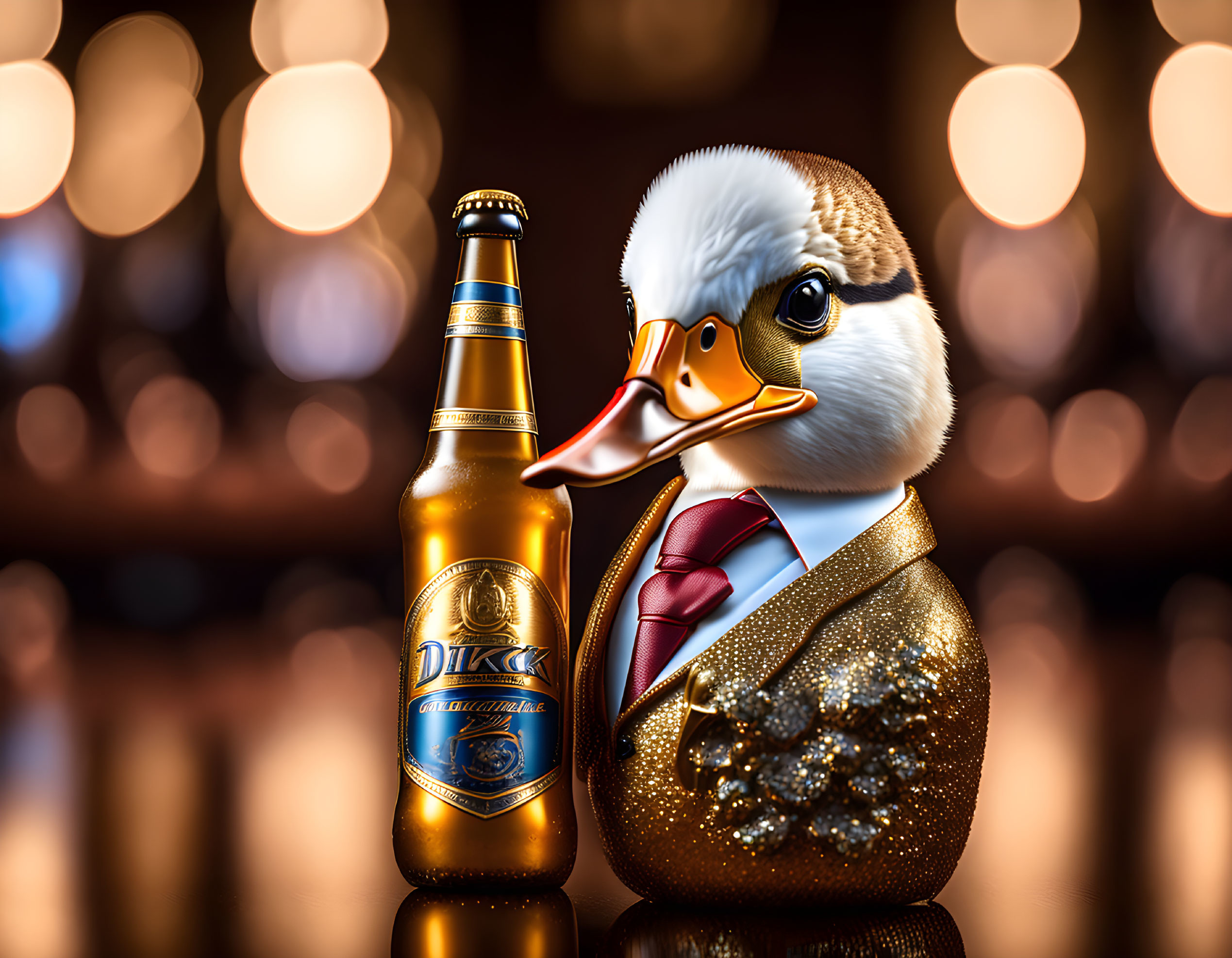 Glittery Suit Rubber Duck with Beer Bottle on Bokeh Background