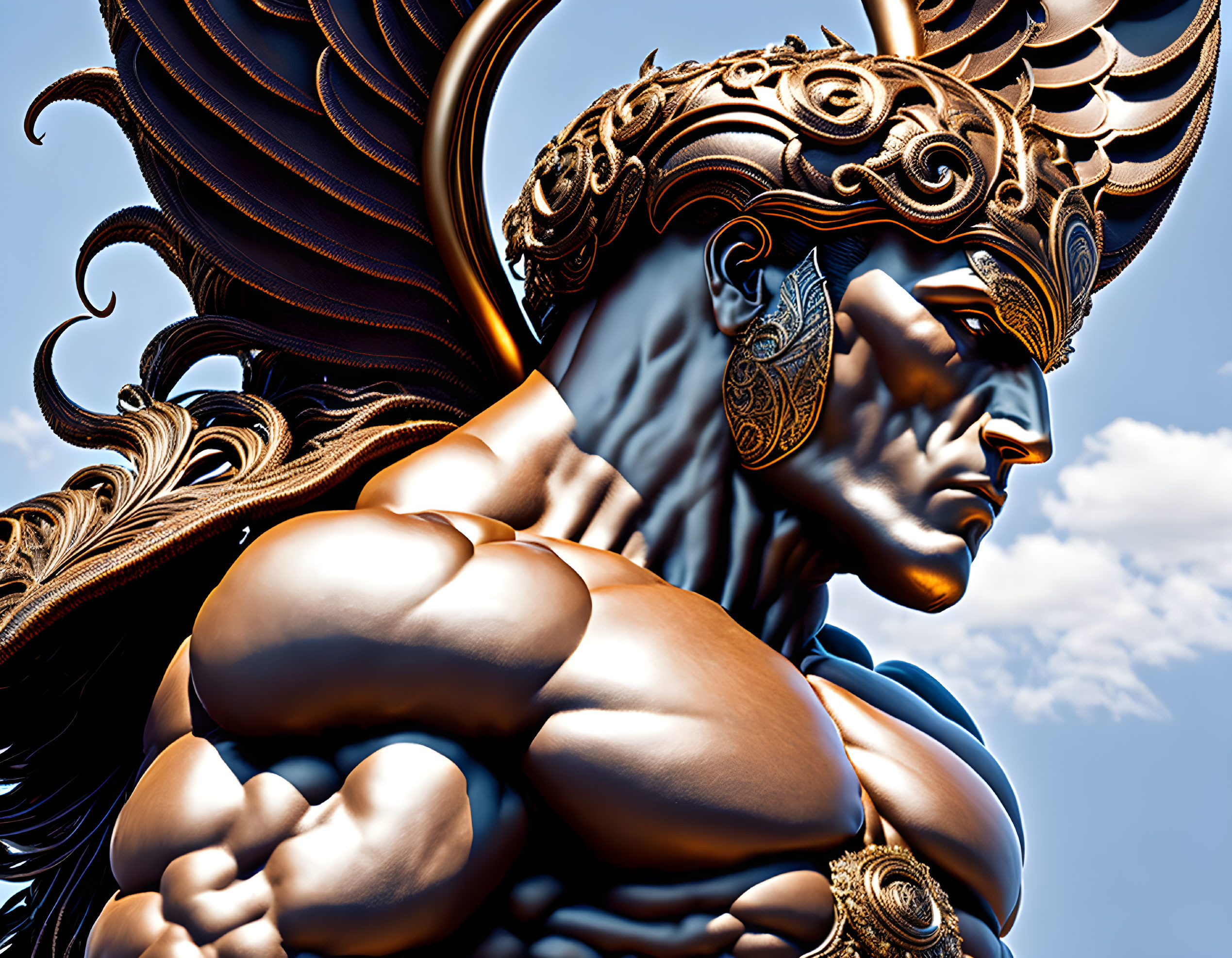 Muscular male figure with winged headgear and horns against blue sky