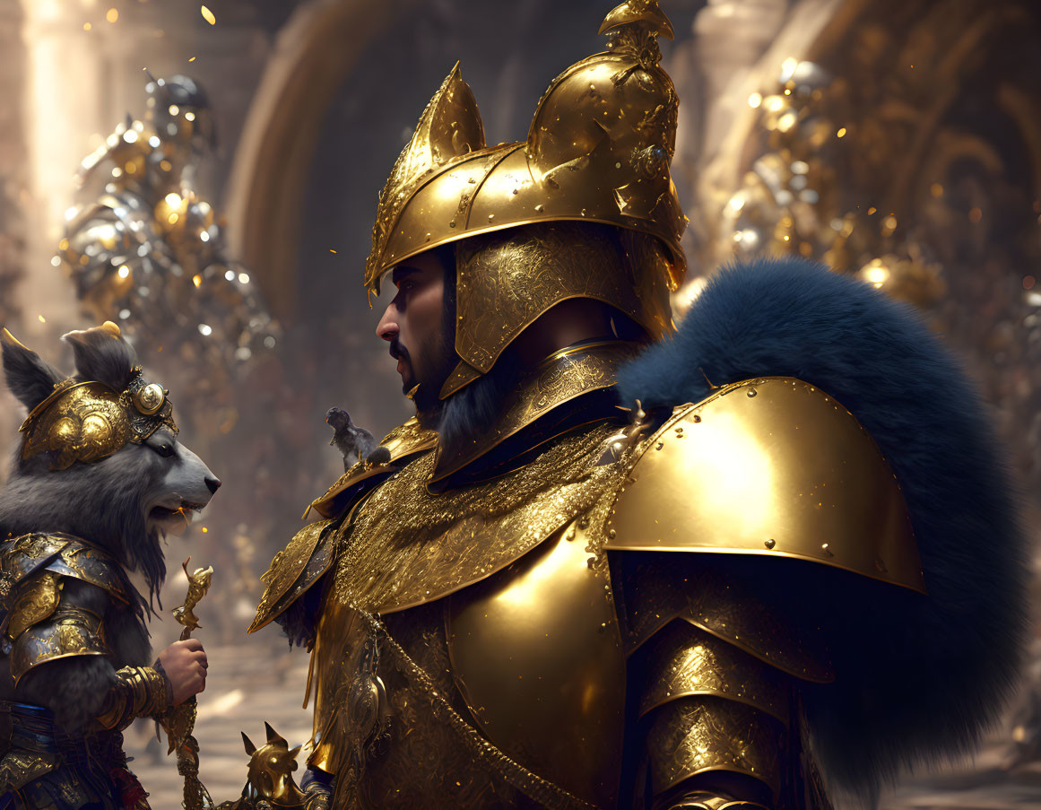 Golden-armored knight converses with humanoid raccoon warrior in grand hall.