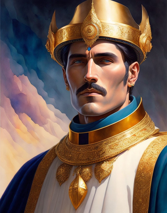 Regal portrait of man in golden crown, jewels, mustache, white robe, blue sash