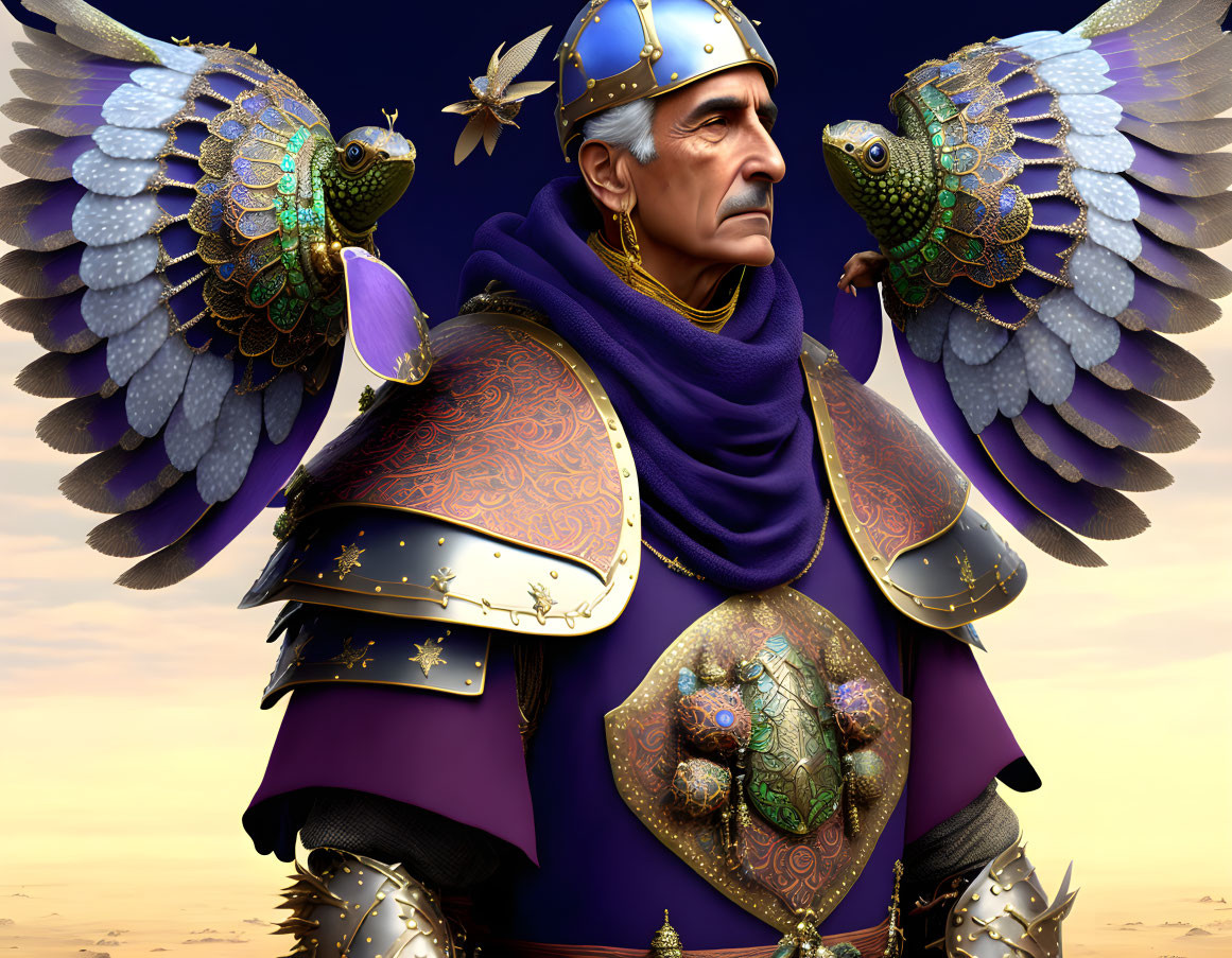 Elder man in bird-themed armor against twilight sky