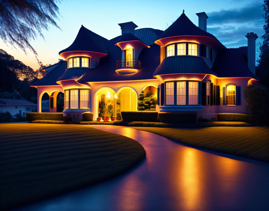 Twilight view of luxurious house with illuminated windows & landscaped lawn