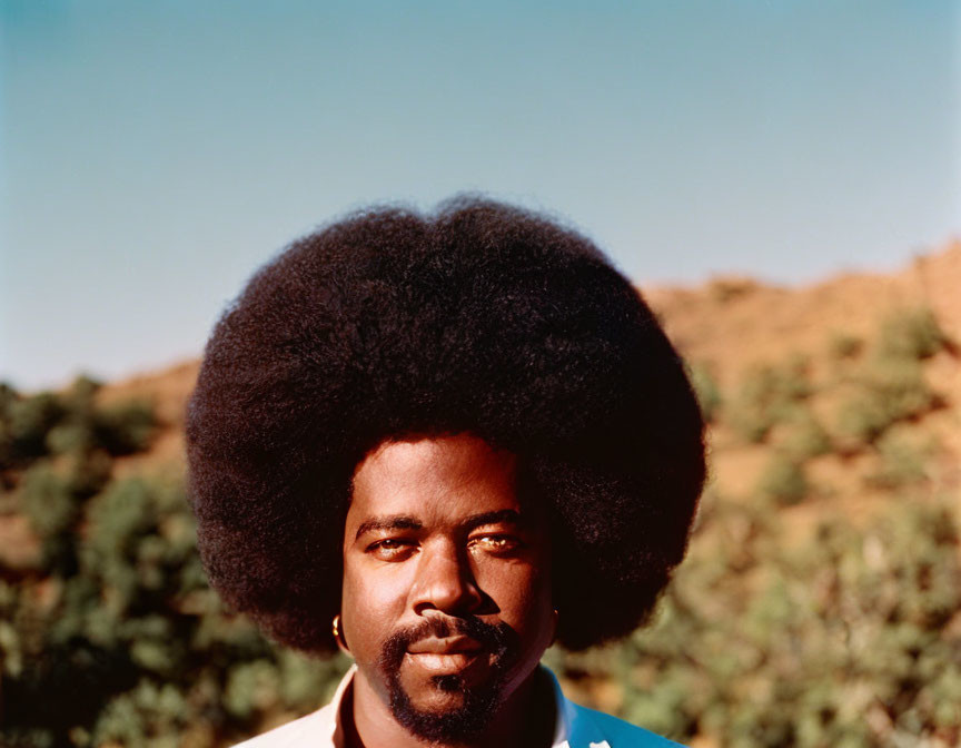 Serious man with large afro outdoors in green setting