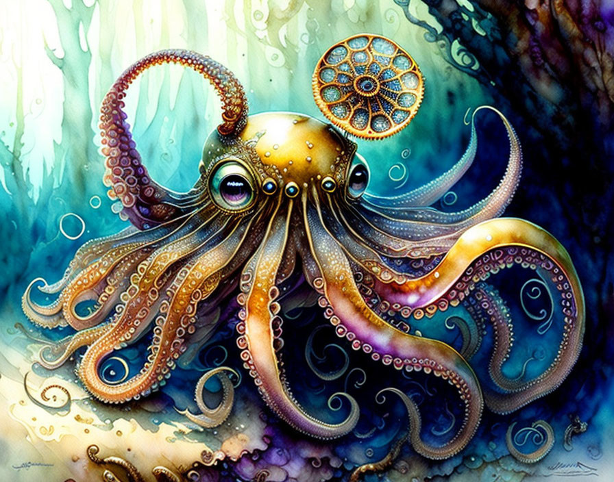 Colorful Octopus Illustration with Mechanical Elements and Intricate Patterns