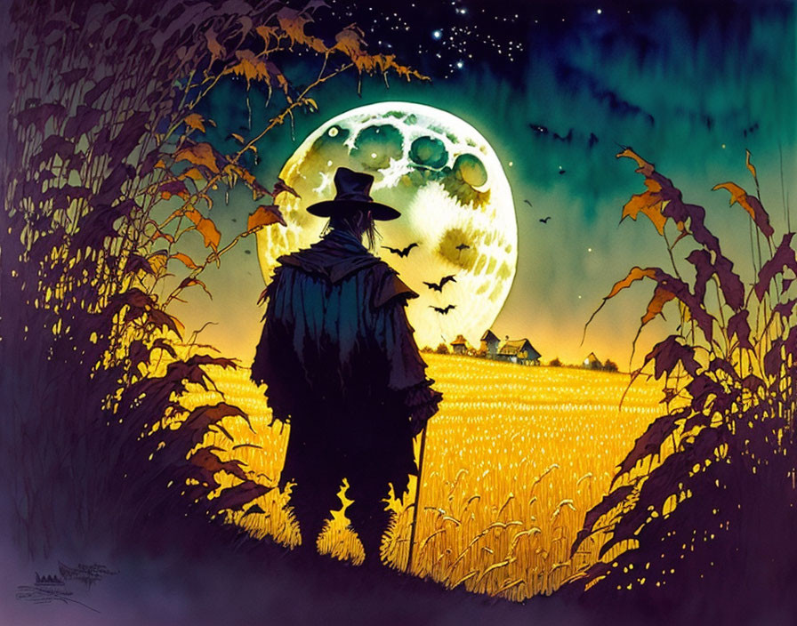 Person in Hat Silhouette in Golden Field Under Full Moon