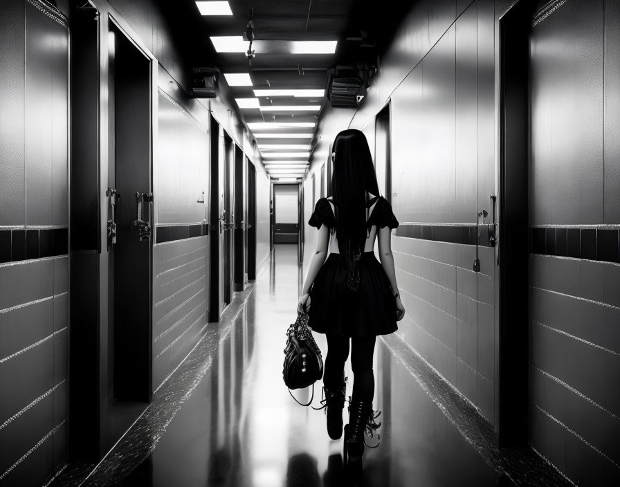 Long-haired person walking in dimly lit modern corridor