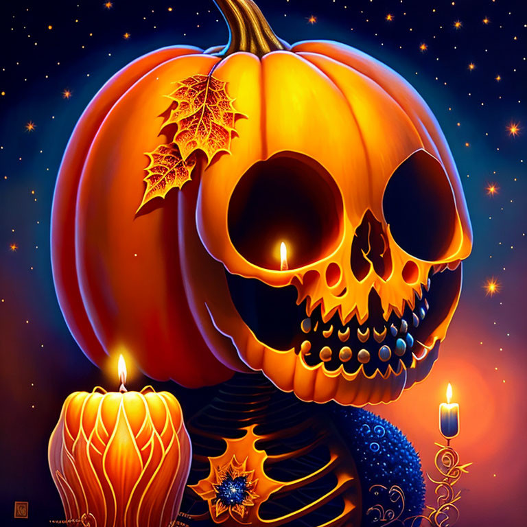 Stylized pumpkin skull illustration with candle-lit ambiance and autumn backdrop