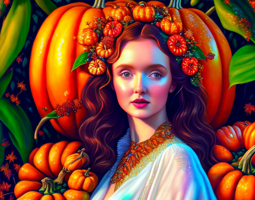 Colorful portrait of a woman with autumn decorations in botanical setting