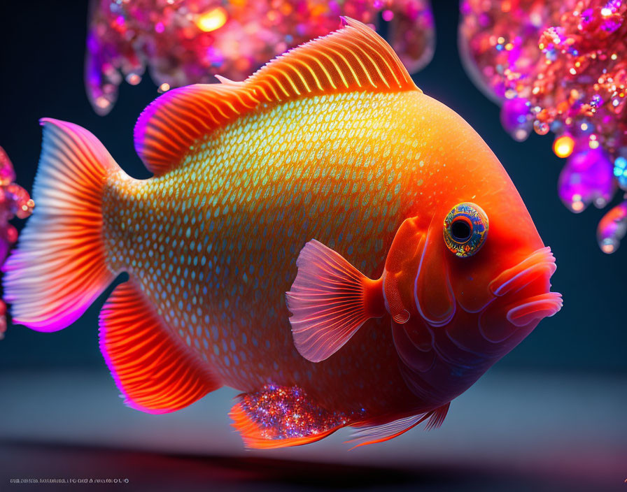 Shimmering orange fish in pink bubble backdrop