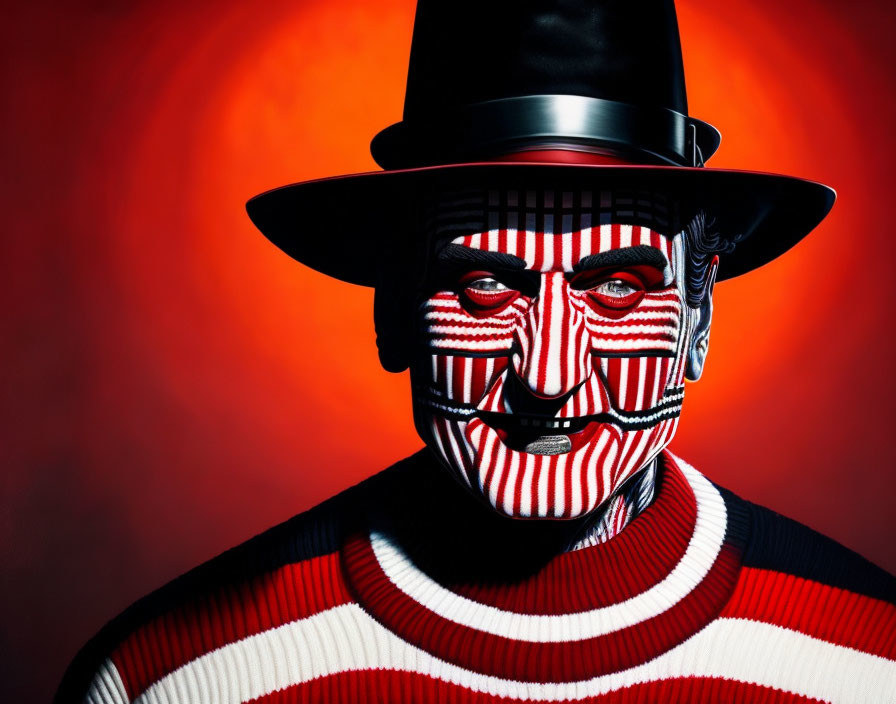 Person with Stripe-Patterned Face Paint in Hat and Sweater on Red Background