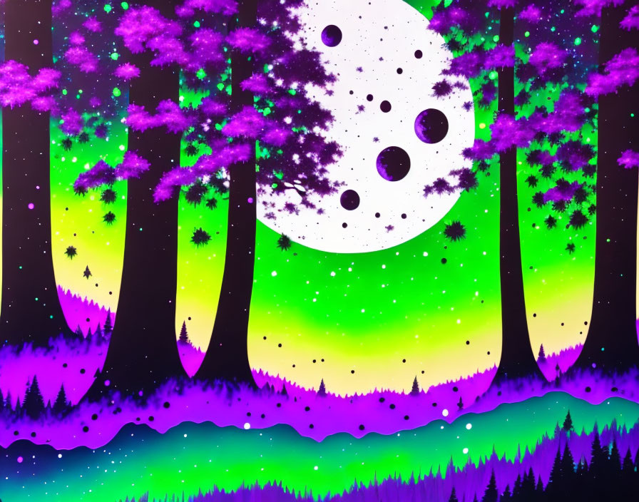 Colorful Neon Green and Purple Aurora Sky Artwork with Moon and Trees