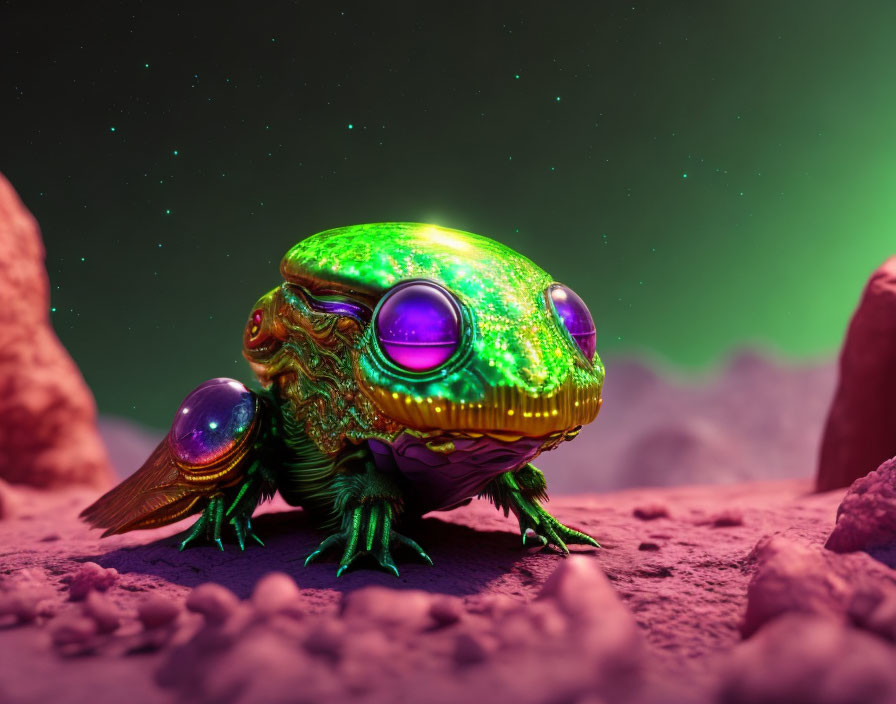 Iridescent beetle with purple eyes on rocky alien terrain