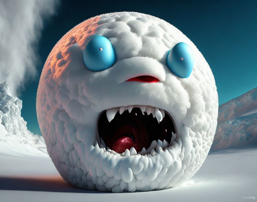 Large, round snow creature with sharp teeth and blue eyes in snowy landscape