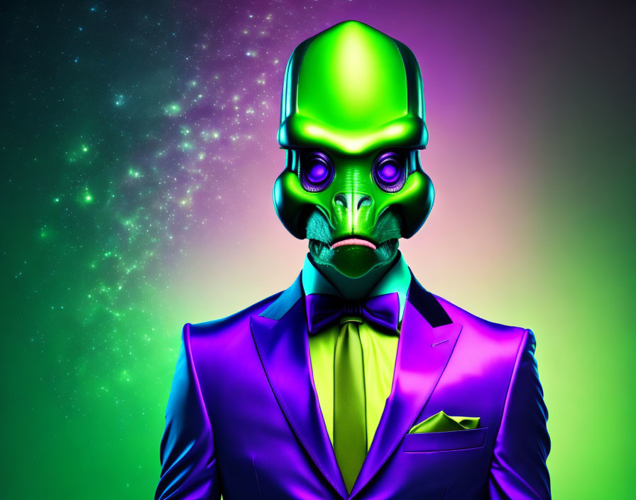 Colorful Alien in Humanoid Attire Against Cosmic Background