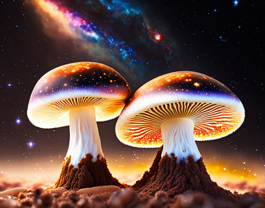 Luminous Oversized Mushrooms in Starry Cosmos