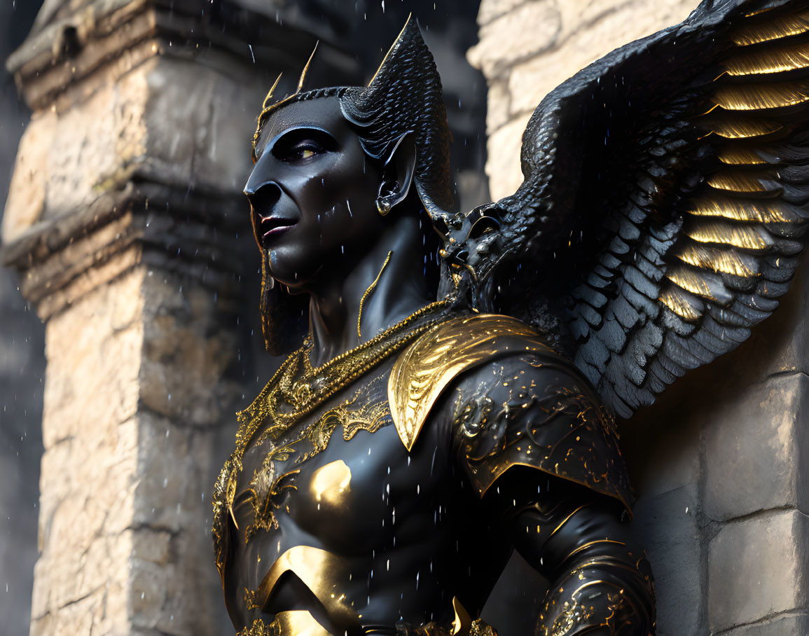 Winged humanoid statue in ornate armor with horned helmet against blurred background