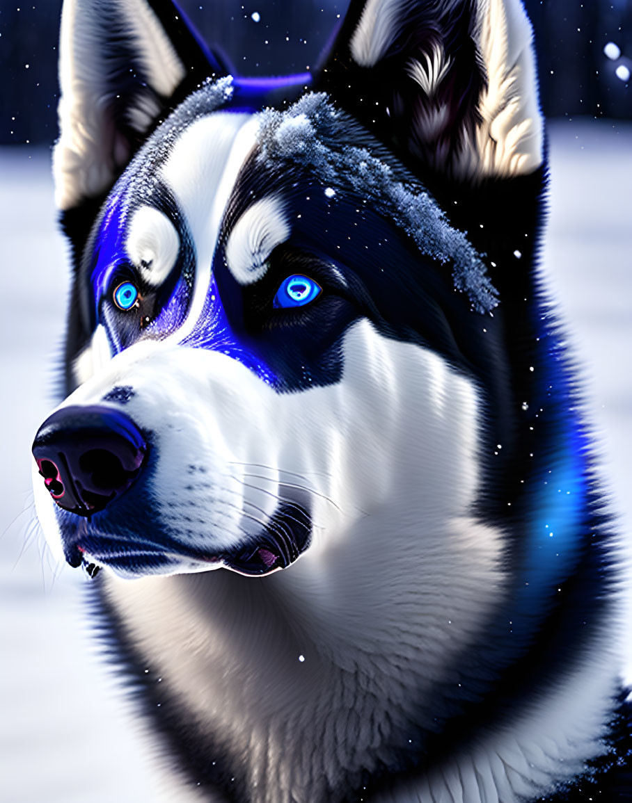 Siberian Husky with Blue Eyes and Snowflakes in Winter Scene