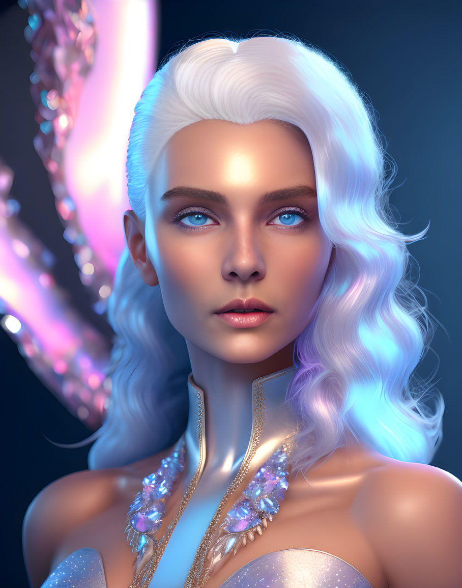 White-haired woman in digital portrait with blue eyes and glittery attire, set against glowing abstract backdrop.