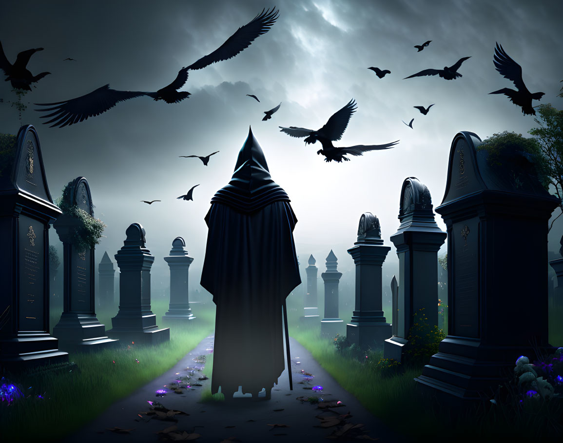 Misty graveyard scene with cloaked figure and flying crows