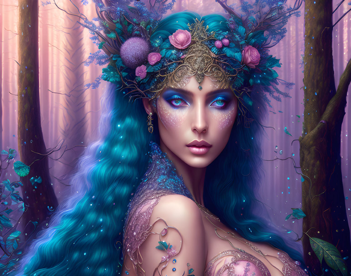 Fantasy illustration of woman with vibrant blue hair in mystical forest