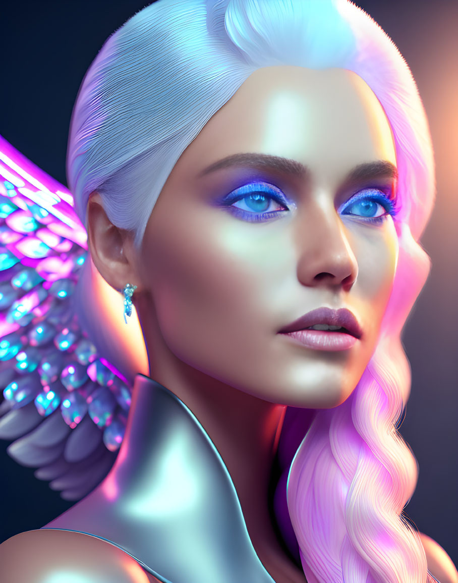 Portrait of woman with blue eyes, white hair, luminous skin, elegant earrings, and intricate wings