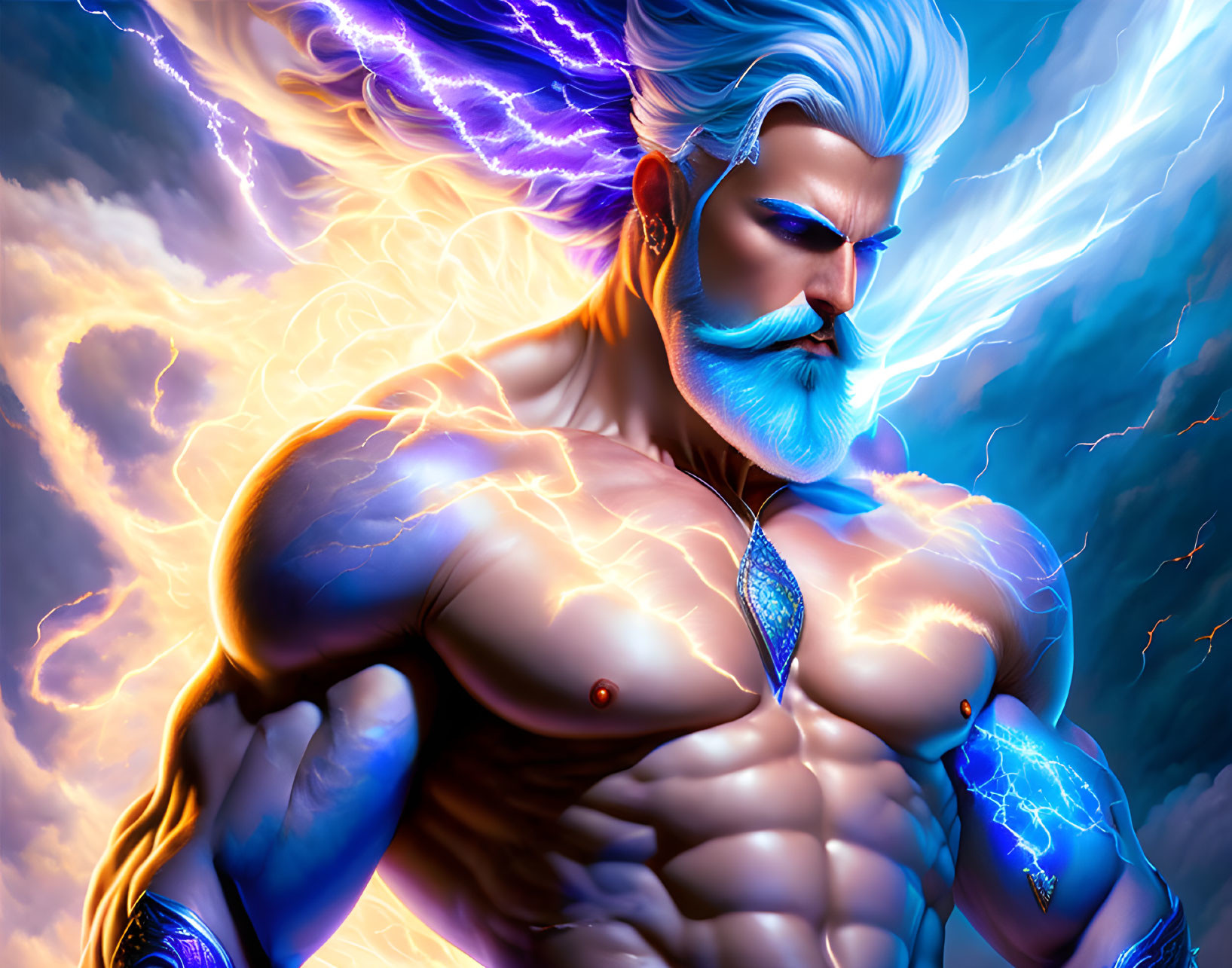 Muscular bearded character with white hair and glowing blue eyes surrounded by lightning.