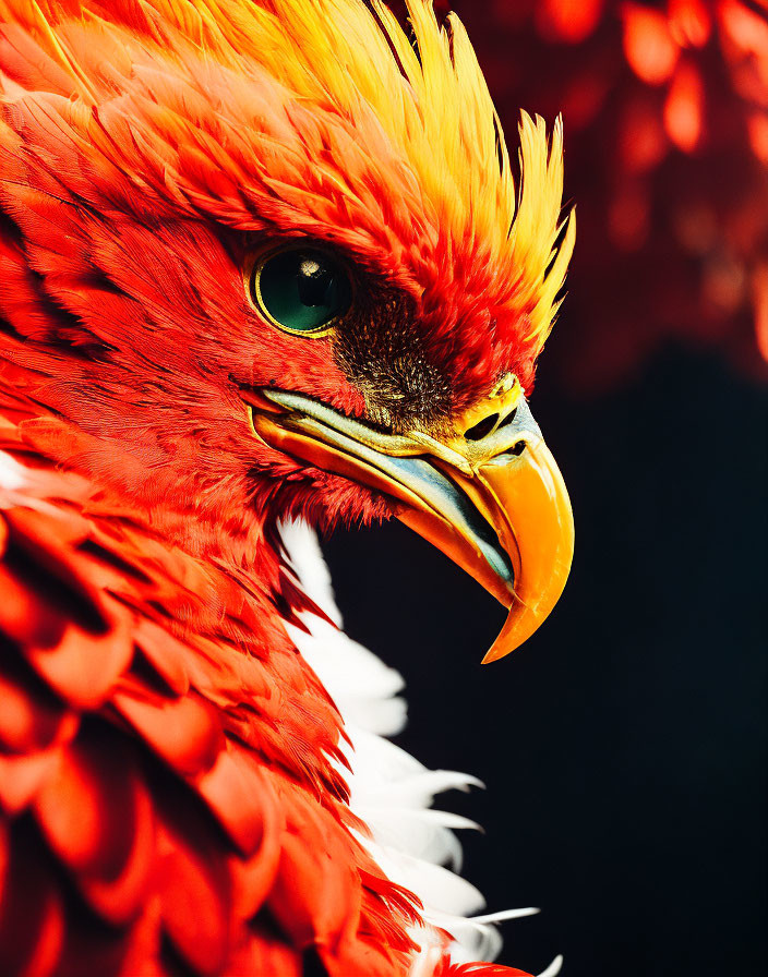 Vivid red parrot with yellow beak on red floral background