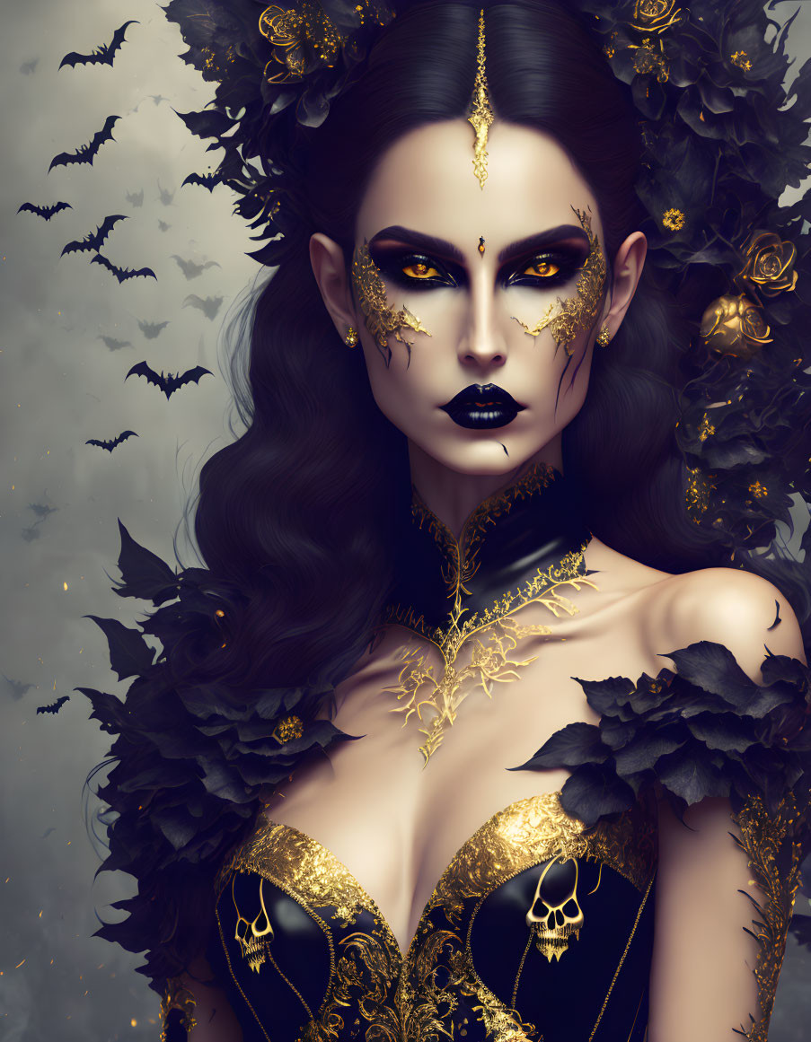 Mysterious Woman in Gothic Black and Gold Ensemble with Skull Motifs