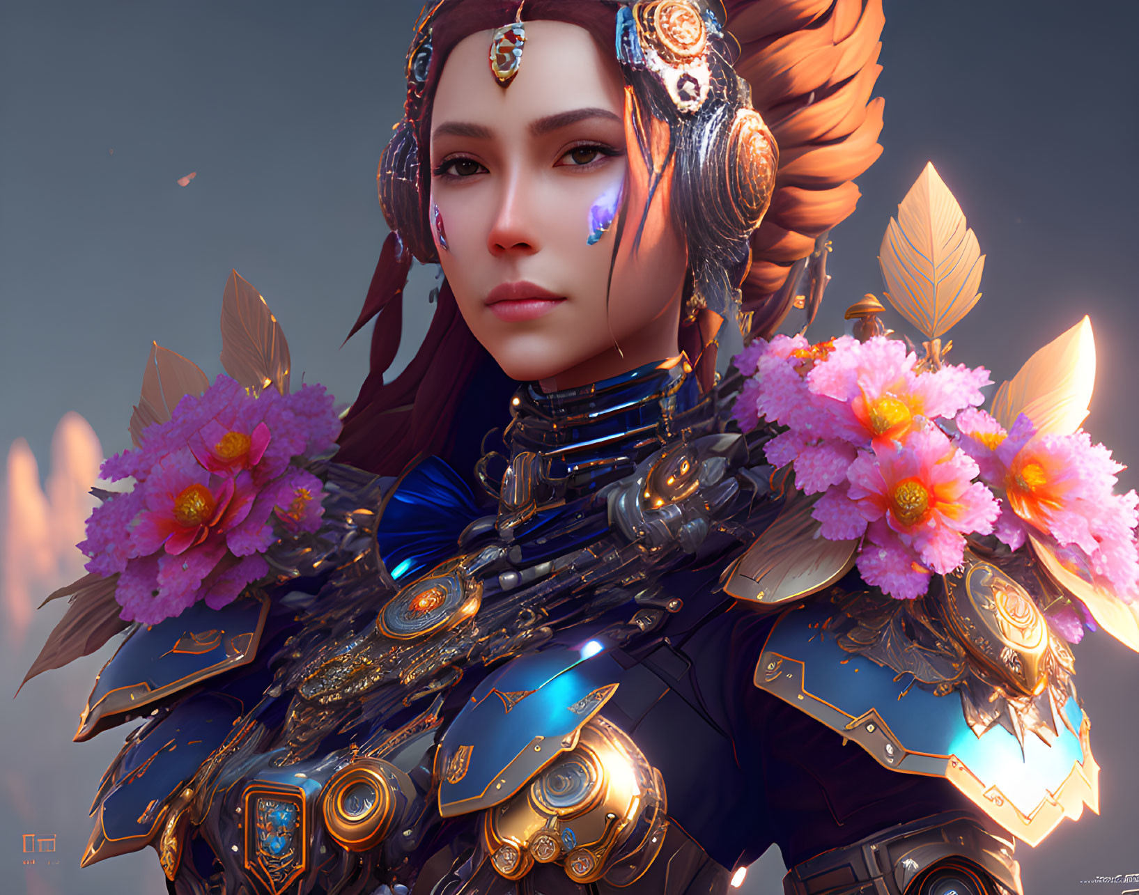 Intricate blue and gold armor on woman with pink flowers and feathered helm