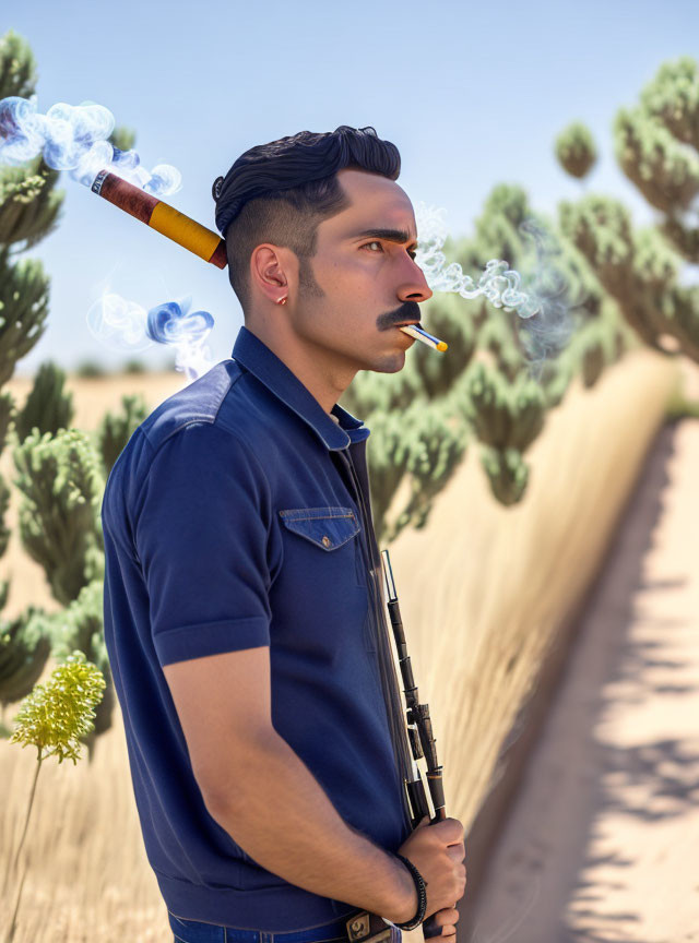 Digital artwork of a man with slicked-back hair, smoking a cigar, holding a sniper rifle in