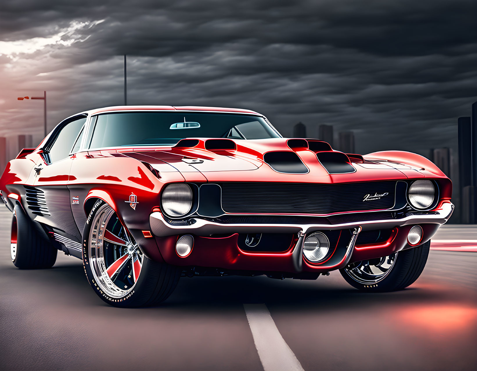 Red Muscle Car with Hood Scoops and Chrome Detailing Against Dramatic Dusk Sky