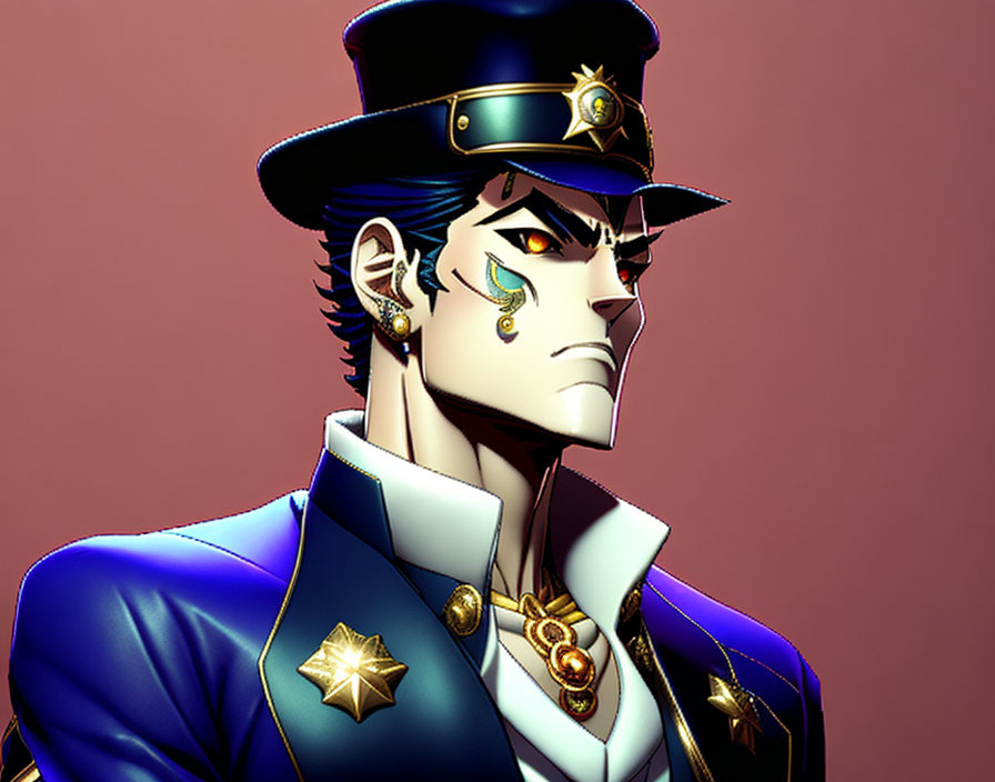 Animated character in blue jacket with gold epaulettes and star-shaped earrings