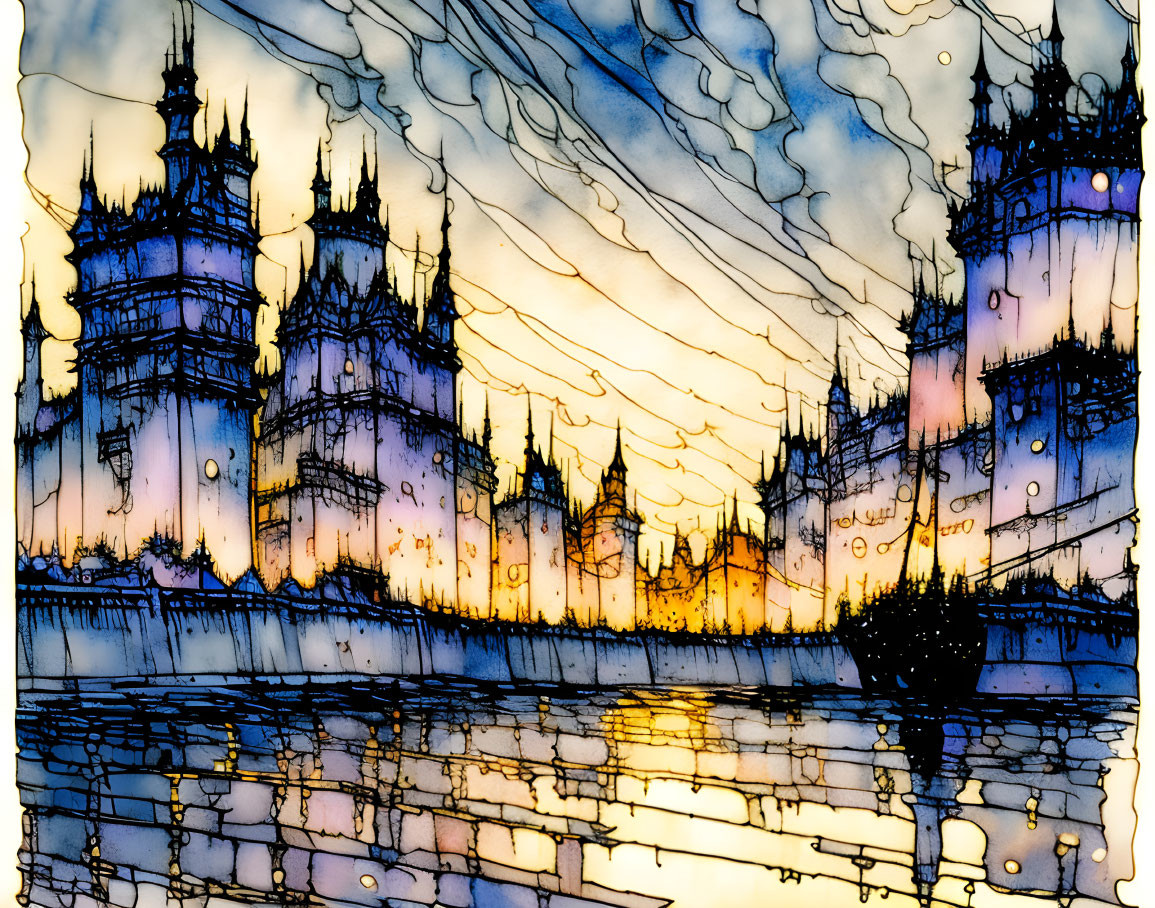 Mystical castle-like structure with spires under dramatic skies reflected on water